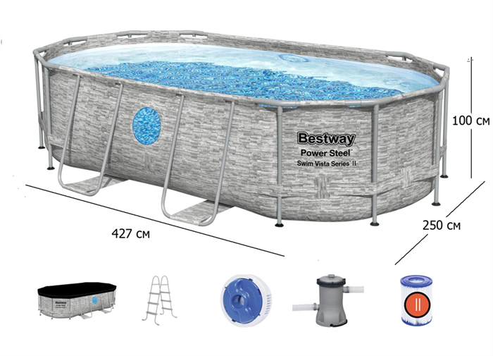 Bestway 56714 / Каркасный бассейн Power Steel  + фил.-насос, лестн, тент / 427х250х100 см 56714